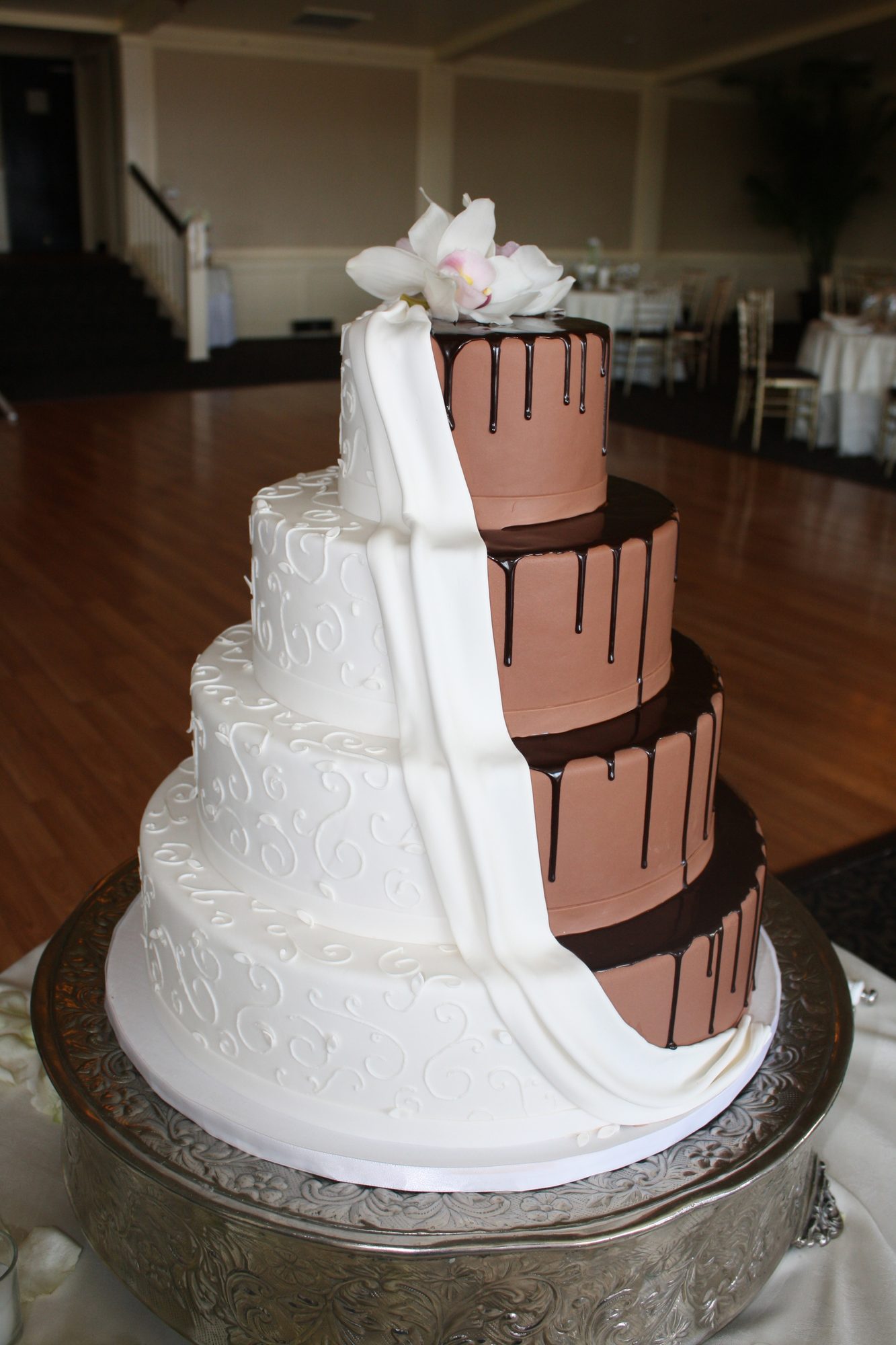Chocolate and white tiered wedding cake